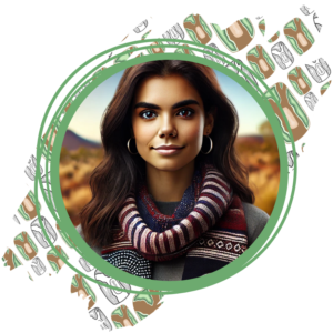 Portrait of a woman with dark hair wearing a striped scarf, outdoors in autumn light.