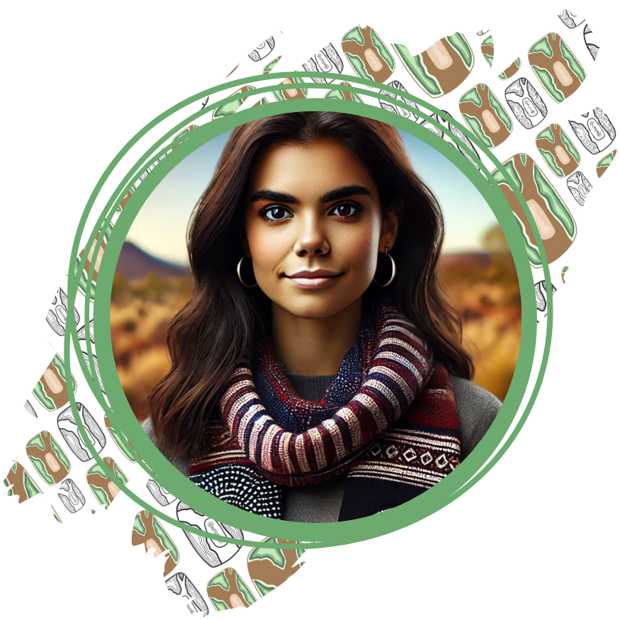 Portrait of a woman with dark hair wearing a striped scarf, outdoors in autumn light.