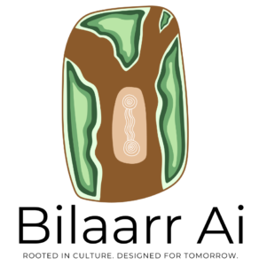 Abstract botanical illustration: a brown central trunk-like shape with green leaf-like forms on both sides and a beige central panel featuring two concentric circles connected by a wavy line.
