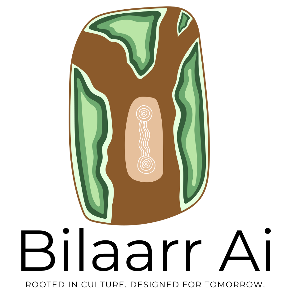 Abstract botanical illustration: a brown central trunk-like shape with green leaf-like forms on both sides and a beige central panel featuring two concentric circles connected by a wavy line.