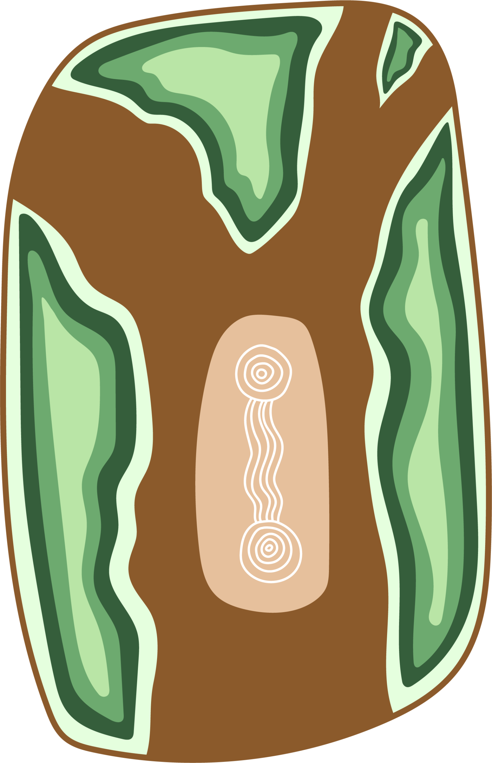 Abstract plant-like illustration with green layered bands along a brown central axis and a beige spiral motif in the middle.